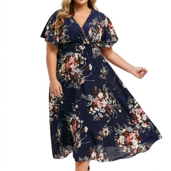 Women's Maxi Dress Plus Size XXL Flutter Sleeve Floral Print Smocked Romantic - Picture 1 of 6